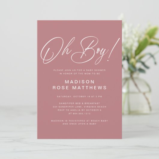 Oh Boy Modern Script Dusty Rose Baby Shower  Kaart (Staand voorkant)