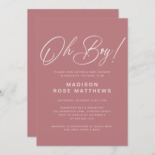 Oh Boy Modern Script Dusty Rose Baby Shower Kaart (Voorkant / Achterkant)