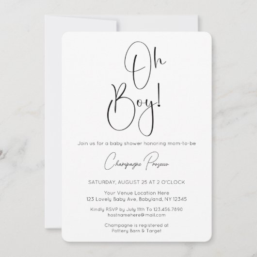 Oh Boy Modern Script Foto Baby shower Uitnodiging (Voorkant)