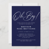 Oh Boy Modern Script Navy Blue Baby Shower Kaart (Voorkant)