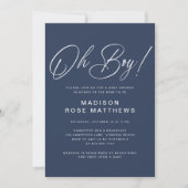 Oh Boy Modern Script Navy Blue  Baby Shower   Kaart (Voorkant)