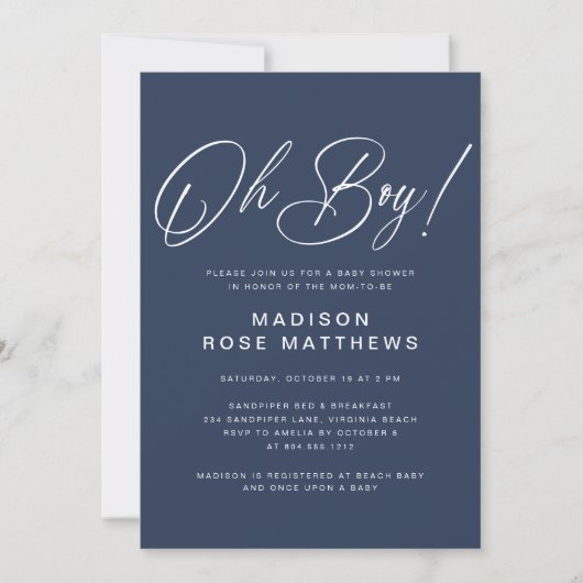 Oh Boy Modern Script Navy Blue  Baby Shower   Kaart (Voorkant)