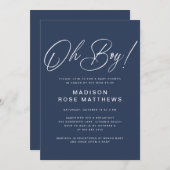 Oh Boy Modern Script Navy Blue  Baby Shower   Kaart (Voorkant / Achterkant)