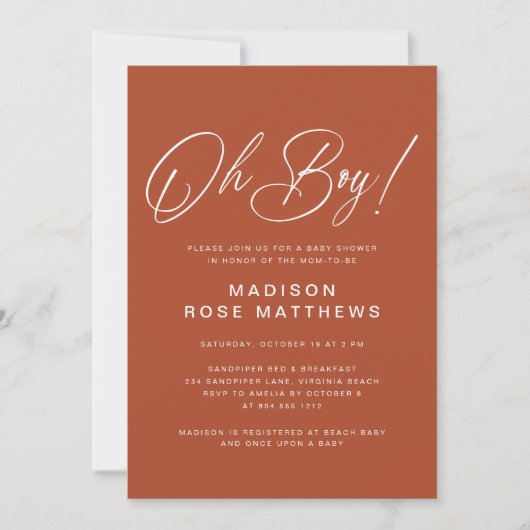 Oh Boy Modern Script Rust   Baby Shower   Kaart (Voorkant)