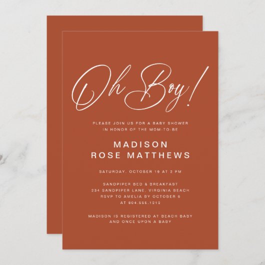 Oh Boy Modern Script Rust   Baby Shower   Kaart (Voorkant / Achterkant)