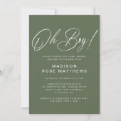Oh Boy Modern Script Sage Olive Baby Shower   Kaart (Voorkant)