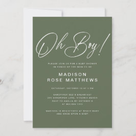 Oh Boy Modern Script Sage Olive Baby Shower   Kaart