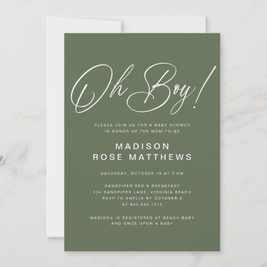 Oh Boy Modern Script Sage Olive Baby Shower   Kaart (Voorkant)