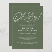 Oh Boy Modern Script Sage Olive Baby Shower   Kaart (Voorkant / Achterkant)