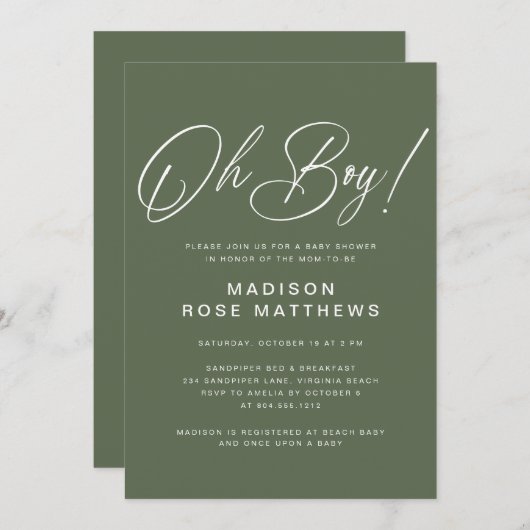Oh Boy Modern Script Sage Olive Baby Shower   Kaart (Voorkant / Achterkant)