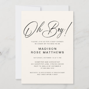 Oh Boy Modern Script Stofblauwe Baby Shower Uitnod Kaart