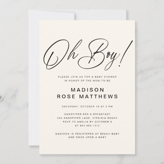 Oh Boy Modern Script Stofblauwe Baby Shower Uitnod Kaart (Voorkant)