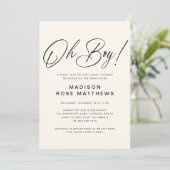 Oh Boy Modern Script Stofblauwe Baby Shower Uitnod Kaart (Staand voorkant)