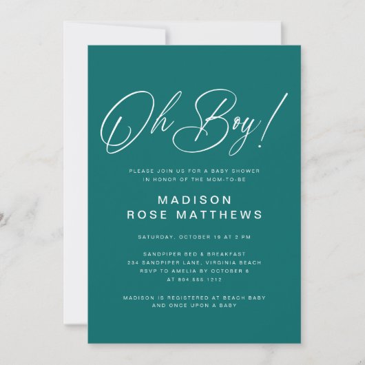 Oh Boy Modern Script Teal  Baby Shower   Kaart (Voorkant)