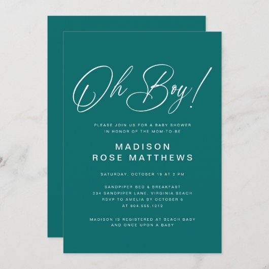 Oh Boy Modern Script Teal  Baby Shower   Kaart (Voorkant / Achterkant)