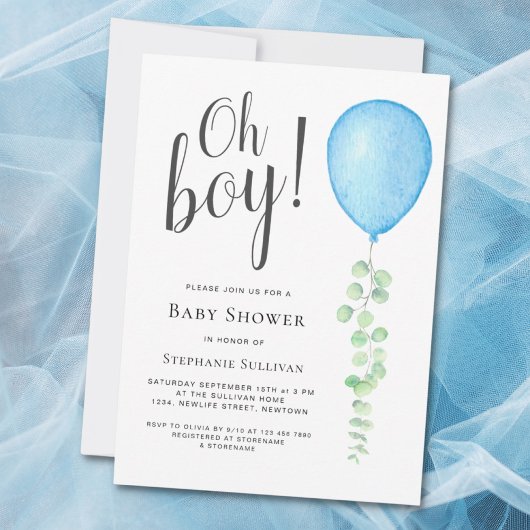 Oh Boy Moderne Eucalyptus Blauwe Ballon Baby Showe Kaart