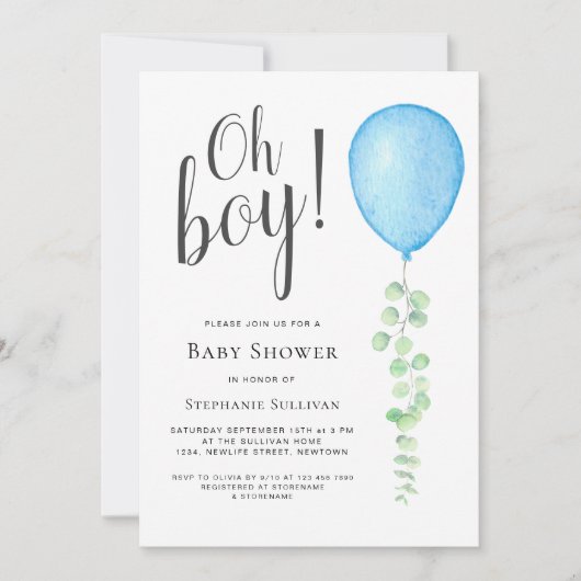 Oh Boy Moderne Eucalyptus Blauwe Ballon Baby Showe Kaart (Voorkant)