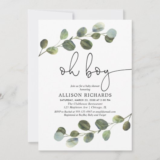 Oh boy moderne eucalyptus zwart wit baby shower kaart (Voorkant)