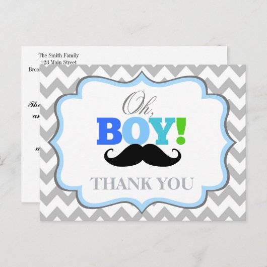 Oh Boy Mustache Baby shower Bedankt Briefkaart (Voorkant / Achterkant)