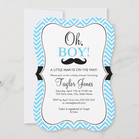 Oh Boy Mustache Baby shower Uitnodigen / Blauw & Z Kaart (Voorkant)