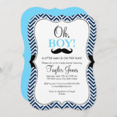 Oh Boy Mustache Baby shower Uitnodigen / Blue & Na Kaart (Voorkant / Achterkant)