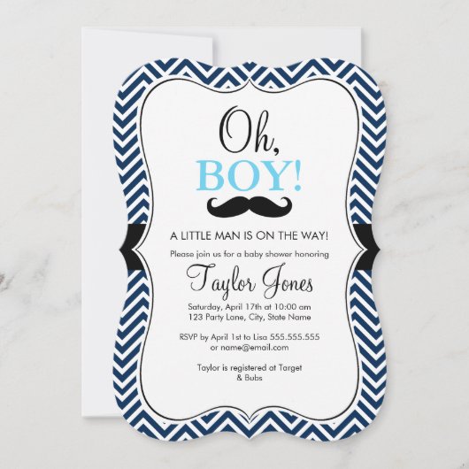 Oh Boy Mustache Baby shower Uitnodigen / Blue & Na Kaart (Voorkant)