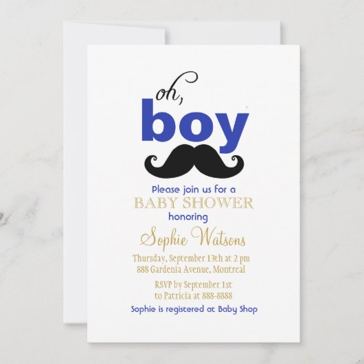 Oh Boy Mustache Baby shower Uitnodiging (Voorkant)