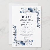 Oh Boy Navy Blue Elegant Floral Baby shower Kaart (Voorkant)