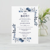 Oh Boy Navy Blue Elegant Floral Baby shower Kaart (Staand voorkant)