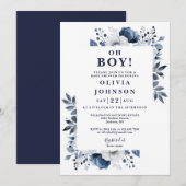 Oh Boy Navy Blue Elegant Floral Baby shower Kaart (Voorkant / Achterkant)