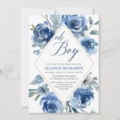 Oh boy navy blue elegante bloemenjongen baby showe kaart (Voorkant)