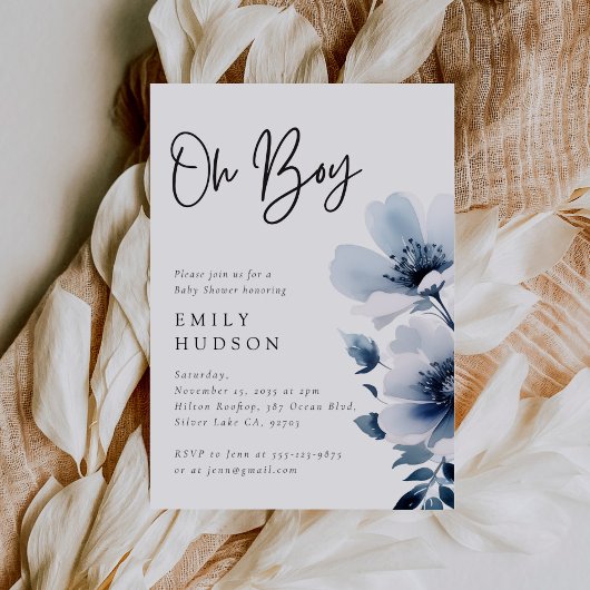 Oh Boy Navy Blue Floral Baby shower Kaart