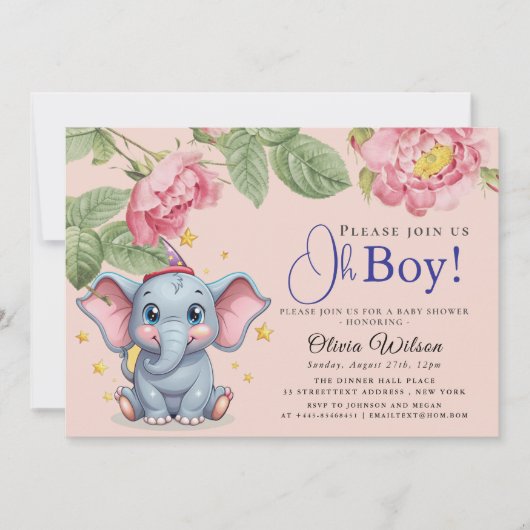 Oh Boy Olifant Baby Shower Uitnodiging (Voorkant)