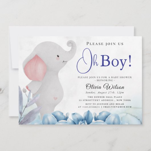 Oh Boy Olifant Baby Shower Uitnodiging (Voorkant)