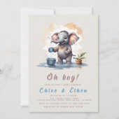 Oh Boy Olifant Rustiek Goud Blauw Baby shower Kaart (Voorkant)