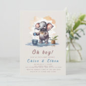 Oh Boy Olifant Rustiek Goud Blauw Baby shower Kaart (Staand voorkant)