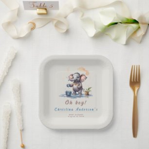 Oh Boy Olifant Rustiek Goud Blauw Baby shower Papieren Bordje