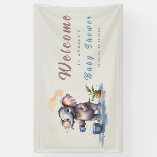 Oh Boy Olifant Rustiek Goud Blauw Baby shower Spandoek (Verticaal)