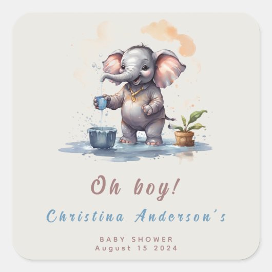 Oh Boy Olifant Rustiek Goud Blauw Baby shower Vierkante Sticker (Voorkant)