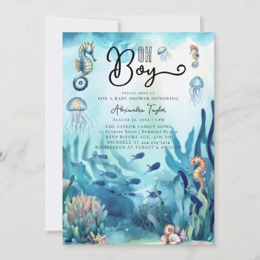 Oh Boy Onder Zee Seahorse Cute Ocean Baby shower Kaart (Voorkant)