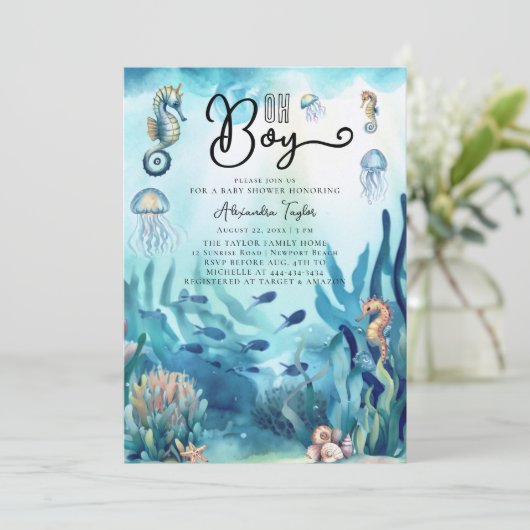 Oh Boy Onder Zee Seahorse Cute Ocean Baby shower Kaart (Staand voorkant)