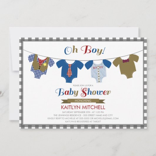Oh Boy Onsies - Baby shower Uitnodiging (Voorkant)