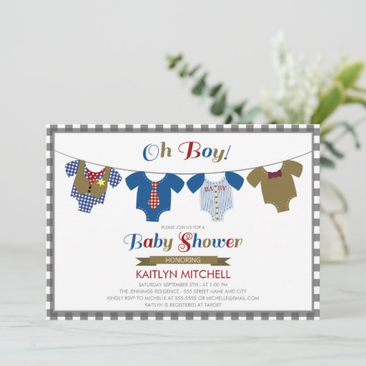 Oh Boy Onsies - Baby shower Uitnodiging (Staand voorkant)