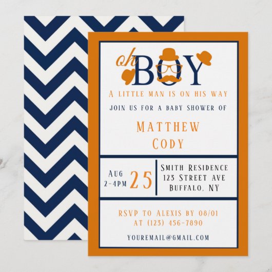 Oh Boy Oranje en Blue Baby shower Uitnodiging (Voorkant / Achterkant)