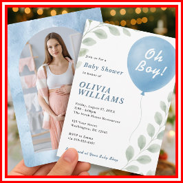 Oh Boy PHOTO Eucalyptus Blue Balloon Baby Shower  Kaart