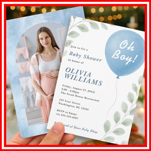 Oh Boy PHOTO Eucalyptus Blue Balloon Baby Shower  Kaart