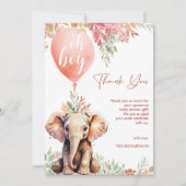 Oh boy Pink Balloon Floral Elephant Baby shower Bedankkaart (Voorkant)