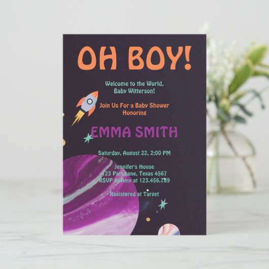 Oh Boy Planets Buitter Space Baby shower Uitnodigi Kaart (Staand voorkant)