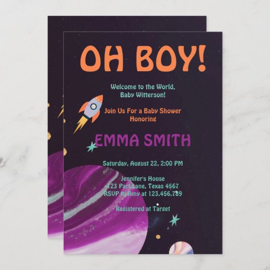 Oh Boy Planets Buitter Space Baby shower Uitnodigi Kaart (Voorkant / Achterkant)
