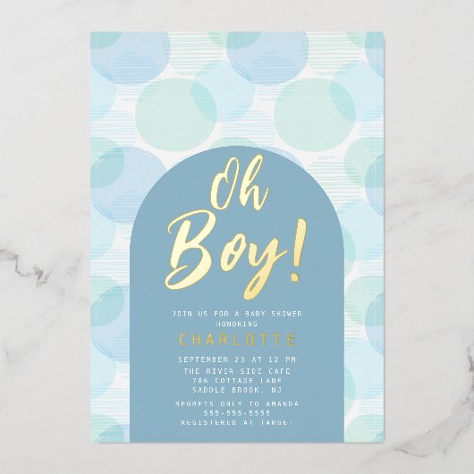 Oh Boy Polka Dots Baby shower Folie Uitnodiging (Voorkant)